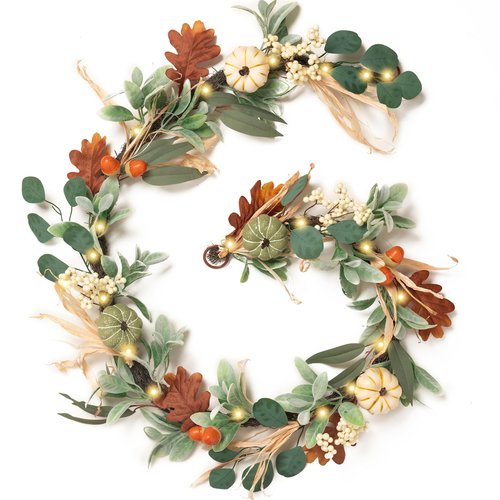 Valery Madelyn Fall Garland for Mantle, 6ft Lambs Ear Leaves Garland with Lights White Pumpkins Thanksgiving Table Centerpiece, Fall Autumn Decorations for Home Porch Fireplace Outdoor Halloween Decor