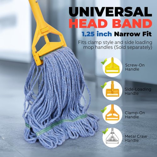 Onesimus Mop Head Replacement, Commercial Heavy Duty 16 oz 4-Ply Cotton Looped End Wet Mop Heads, Blue, with 1.25" Universal Headband for Industrial, Janitorial and Restaurant Cleaning, 3 Pack