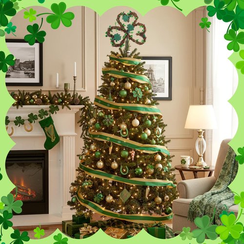 Daifunli 2 Pieces Valentines St Patrick's Day Tree Topper Rattan Irish Heart Shamrock Shaped Tree Toppers Iron Metal Red Green Glitter Christmas Treetop for Valentines Gift Wedding Party Decorations