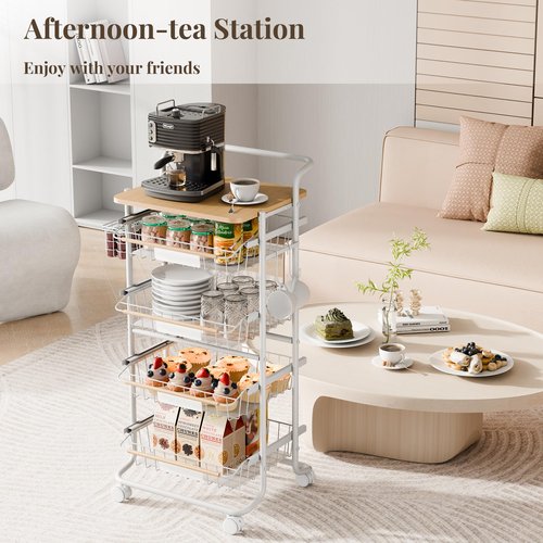 PantryNest Kitchen Organizer Cart with Wheels, 5 Tier Fruit and Vegetable Storage Basket, Rolling Storage Cart for Kitchen, Pantry, Bathroom, Upgraded Design with Slide-Out Shelves, White