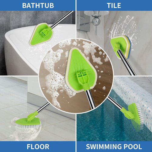 JDNOZW 2 in 1 Scrub Cleaning Brush with 37” Long Extendable Handle,1 Stiff Bristle and 3 Sponge Brushes, Lightweigh Detachable Shower Scrubber for Cleaning Bathroom Shower Bathtub Glass Tile Floor