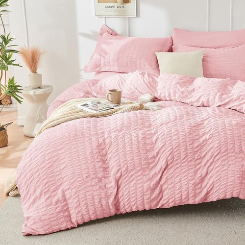 HYMOKEGE California King Comforter Set - Luxury 7-Piece Seersucker Bedding in Pink for All Seasons