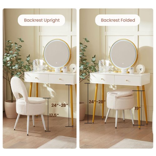 ZYKZYK Vanity Stool with Storage and Backrest, Folding Back & Velvet Seat, Footrest, Round Ottoman with Sherpa, Vanity Chair with Storage, Ideal for Bedroom, Living Room, and Makeup Stations
