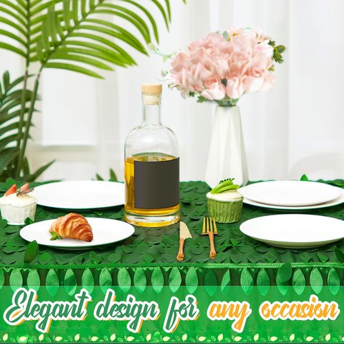 Preboun 90 x 132 Inch Green Taffeta Tablecloth Leaf Petal 3D Table Cloth Events Table Cover for Forest Party Wedding Event Banquet Outdoor