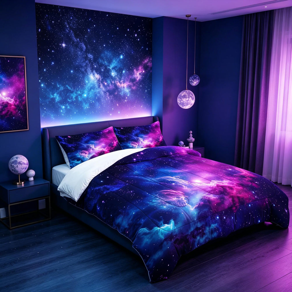 FUYEUN Galaxy Comforter Sets Queen Size Purple Outer Space Bedding Set for Teen Girls Boys Kids Children Bedroom Dorm Quilt 1 Comforter + 2 Pillow Cases