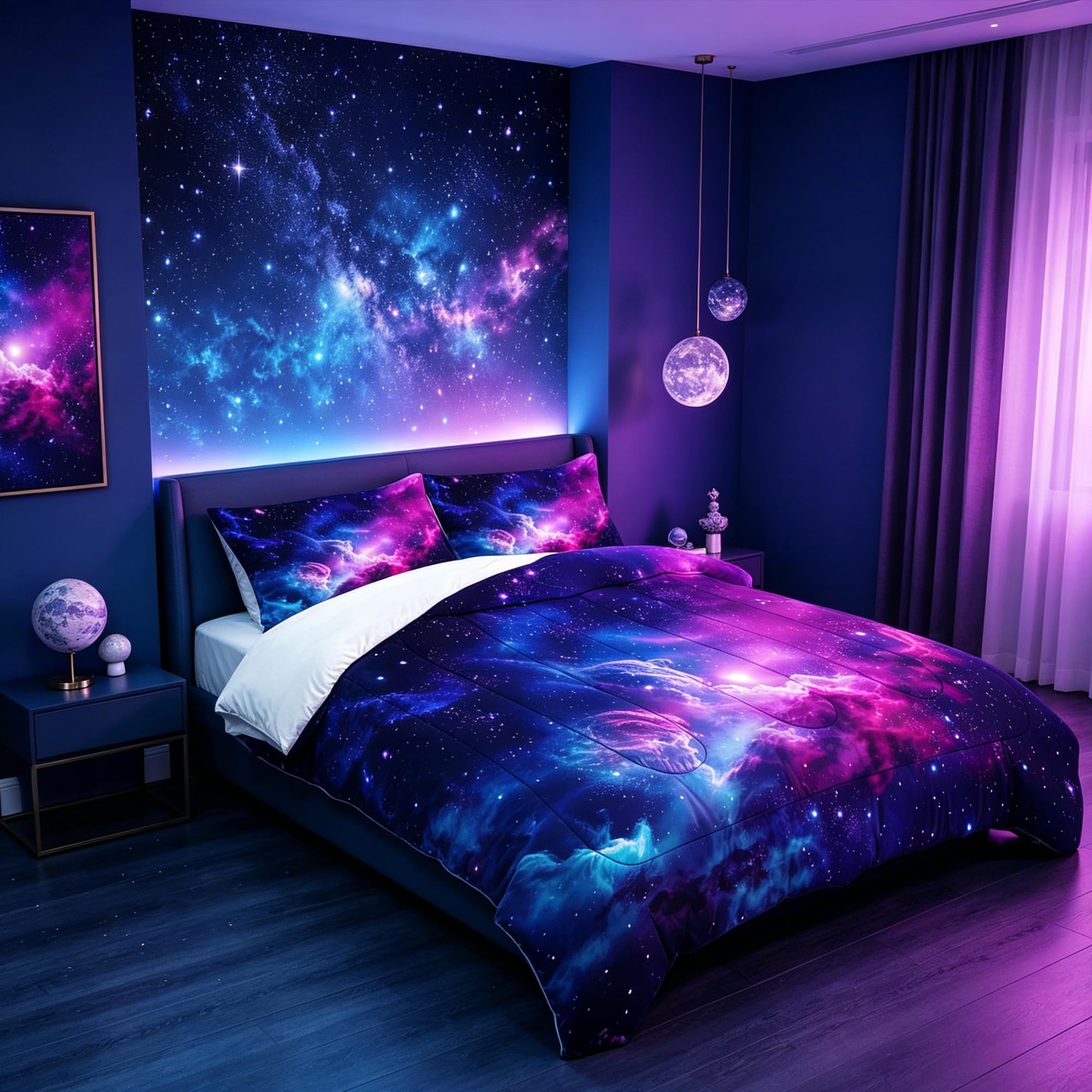 FUYEUN Galaxy Comforter Sets Queen Size Purple Outer Space Bedding Set for Teen Girls Boys Kids Children Bedroom Dorm Quilt 1 Comforter + 2 Pillow Cases