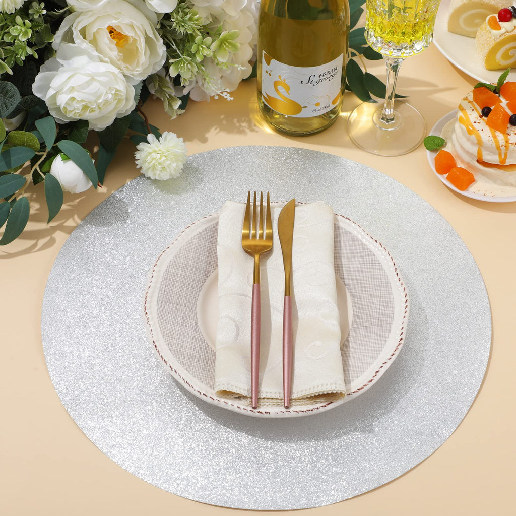 Pasimy 200 Pcs Silver Glitter Paper Place Mats 15 Inch Sparkle Round Disposable Table Mats Silver Sequin Doilies Decorative Placemats for Wedding Banquet Party Home Dining Tableware