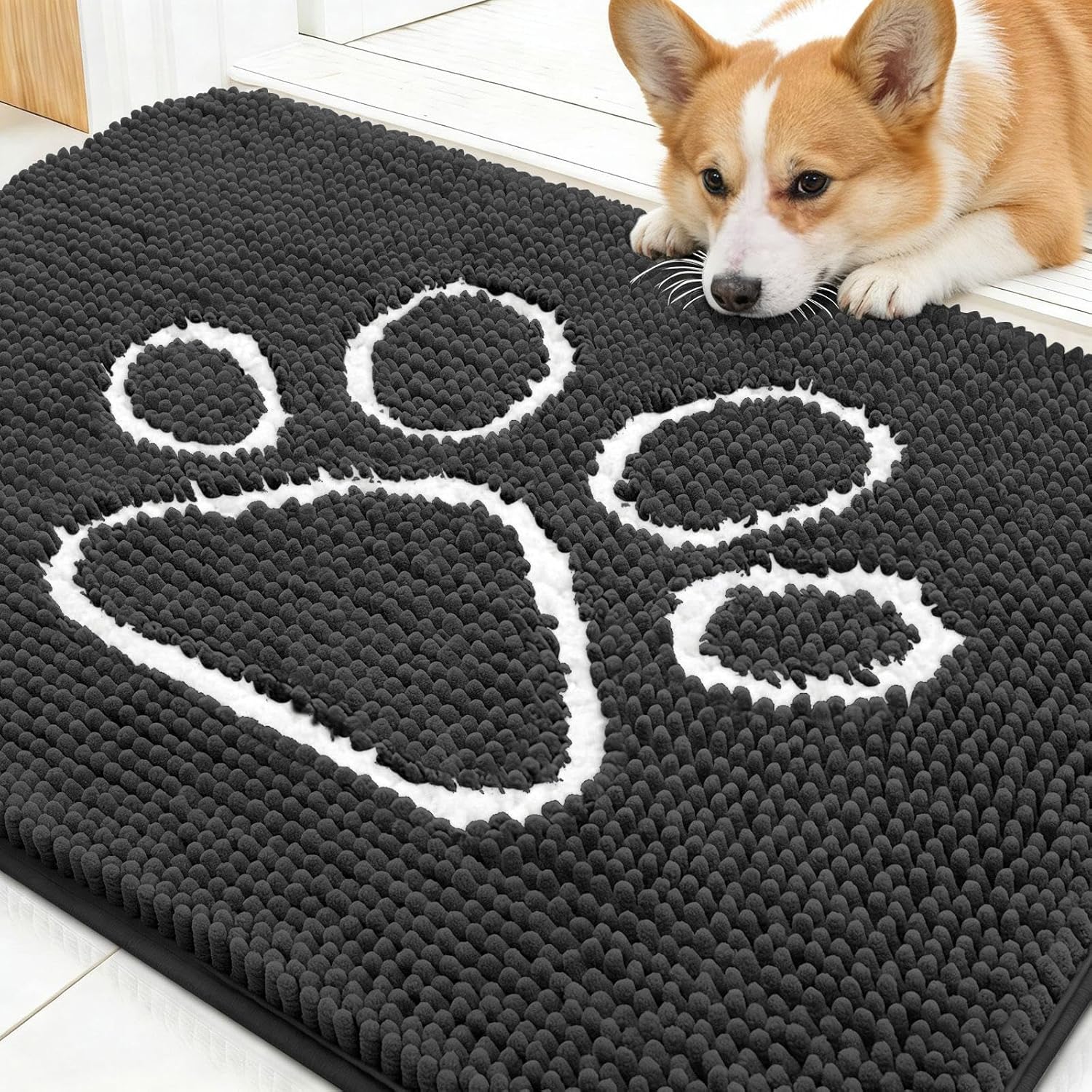 OLANLY Dog Door Mat - Absorbent Non-Slip Mud Mat for Paws | 30x20 Dark Grey Chenille Design