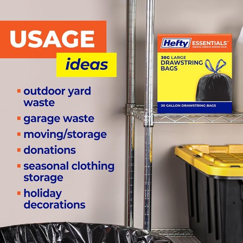 Hefty Essentials 30 Gallon Drawstring Trash Bags - 56 Count | Scent-Free Black Garbage Bags for Large Items