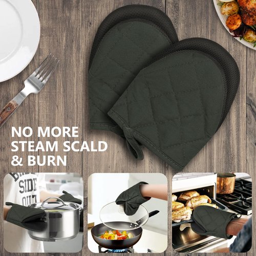 1 Pair Short Oven Mitts, Heat Resistant Silicone Kitchen Mini Oven Mitts for 500 Degrees, Non-Slip Grip Surfaces and Hanging Loop Gloves, Baking Grilling Barbecue Microwave Machine Washable (Gray)
