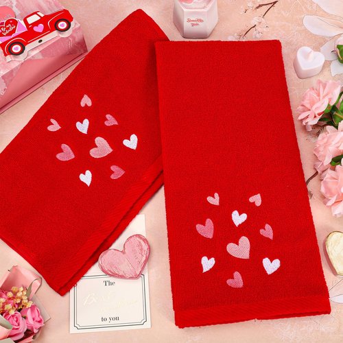 JarThenaAMCS 2Pcs Valentine's Day Hand Towels Red Pink Heart Embroidered Cotton Bathroom Towel Absorbent Bath Towel for Kitchen Dish Hand Drying Cleaning Cooking, 29.5 x 13.7 Inch