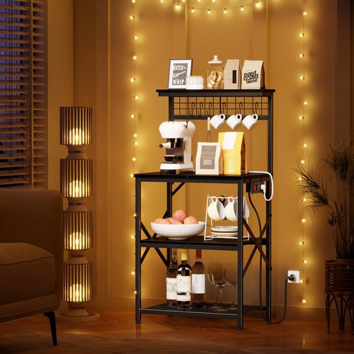 Furologee Kitchen Bakers Rack with Power Outlet, Microwave Oven Stand with Storage 4 Tiers, Coffee Bar Table with 6 S Hooks, Kitchen Storage Shelf Rack for Spices, Pots,Black