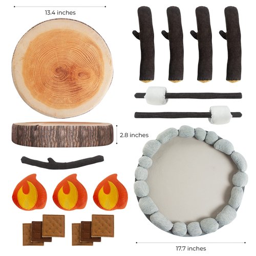 Pretend Campfire Set for Kids with S'Mores Kit & Wood Log Pillow - Soft, Safe & Durable Toy Campfire for Pretend Play & Sensory Play - Giftable Plush Felt Kids Campfire Playset for Ages 3+