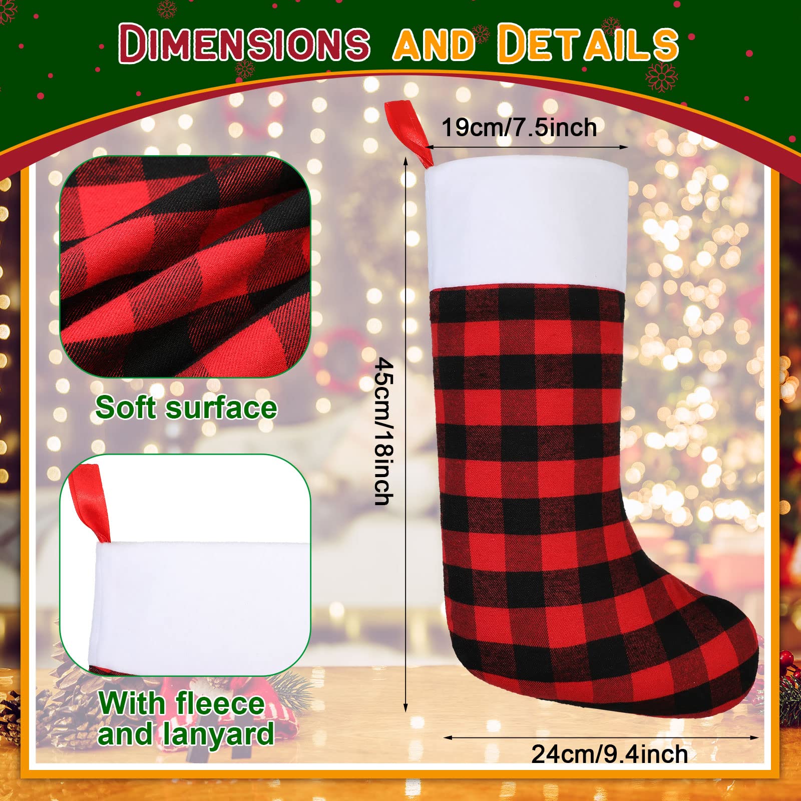 Zhanmai 30 Pieces Christmas Stockings Buffalo Checkered Stockings with Plush Cuff Fireplace Hanging Stockings for Family Xmas Decoration Holiday Season Party (Red and Black, White Cuff,18 Inch)