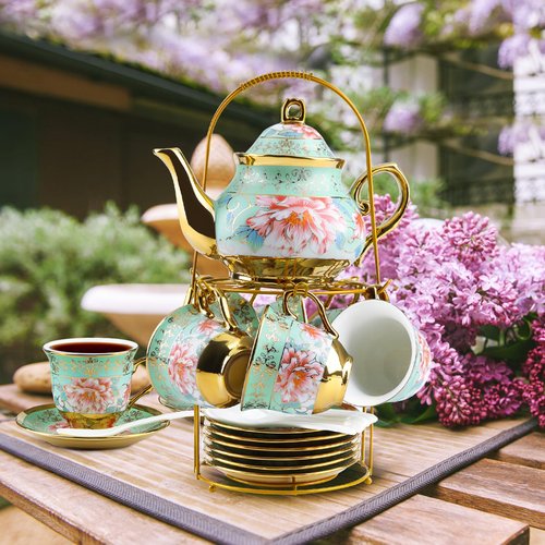 20 Pcs Porcelain Tea Set with Metal Holder and Spoon, European Ceramic Tea Set for Adults, European Flower Painting Teapot Cup Saucer Spoon Set for 6, Gift Pack