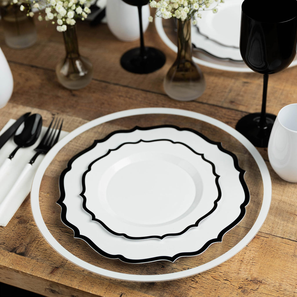 PLASTICPRO 32 Pack Elegant Disposable Plastic Plates Combo Set Includes 16 Dinner Plates and 16 Salad Plate Heavy Duty Fancy Party Plates White & Black Contemporary Design