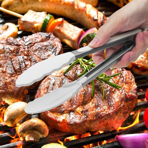 JIDSPWLS Premium Stainless Steel Heat Resistant Kitchen Tongs for cooking,set of 9" and 12" (White),Non Scratch Silicone cooking Tong Tip for Cooking Pans,Strong Grip BBQ tongs for Grabbing Hot Food