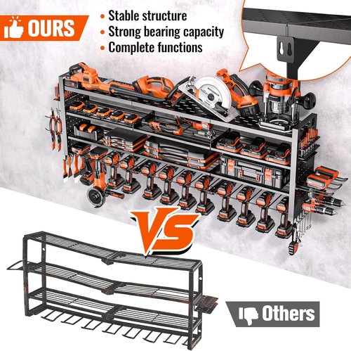 Heavy Duty Tool Organizer by 49.8" W - 14 Cordless Drill Holders | 4-Layer Garage Storage Rack, Black