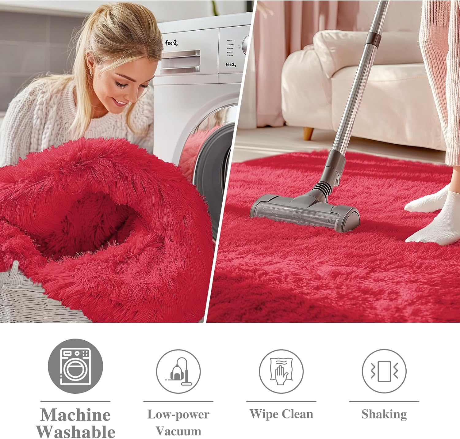 OLANLY Red Round Rug - Soft, Fluffy Shaggy Carpet | 5 ft Machine Washable Area Rug for Bedroom & Living Room