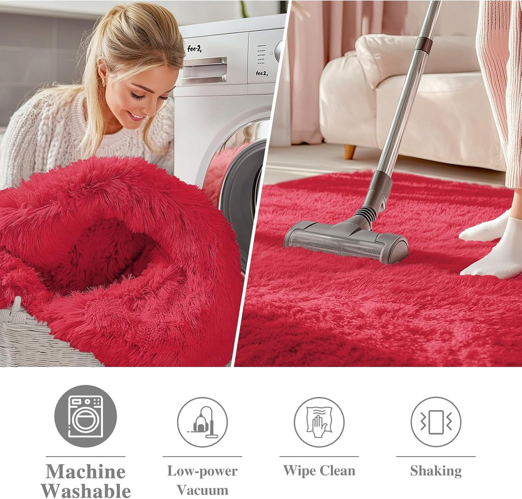 OLANLY Red Round Area Rug - Soft, Fluffy Shaggy Carpet | 9 ft Machine Washable for Bedroom & Living Room Decor