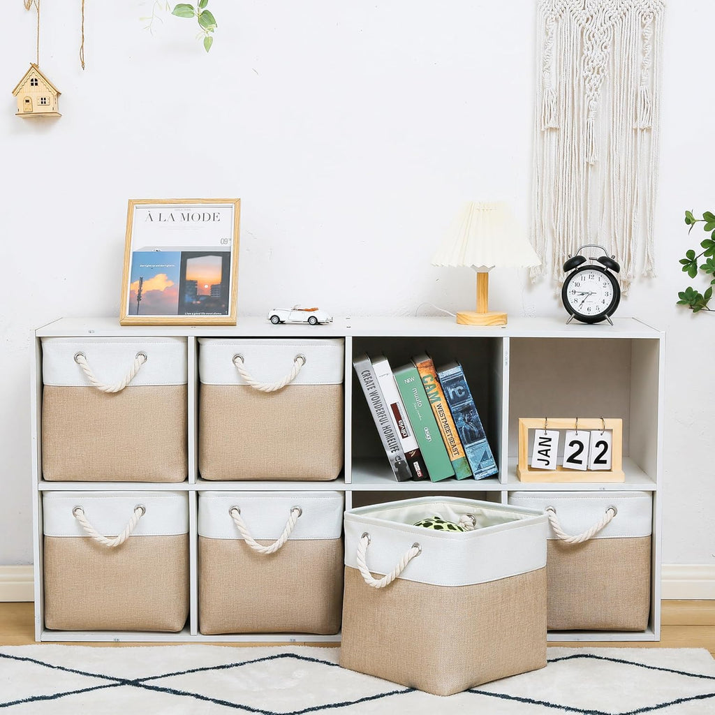 Skiennix 11 x 11 Inch Storage Cubes - 6 Pack Large Collapsible Fabric Bins for Home & Office | White & Beige