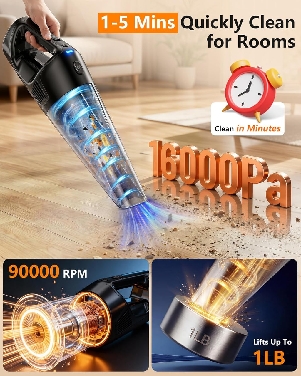 PowerSpeed CleanView Portable Handheld Vacuum - 16000Pa Strong Suction & 1000mL Dust Cup | Cordless LED Vacuum for Quick Home Cleaning