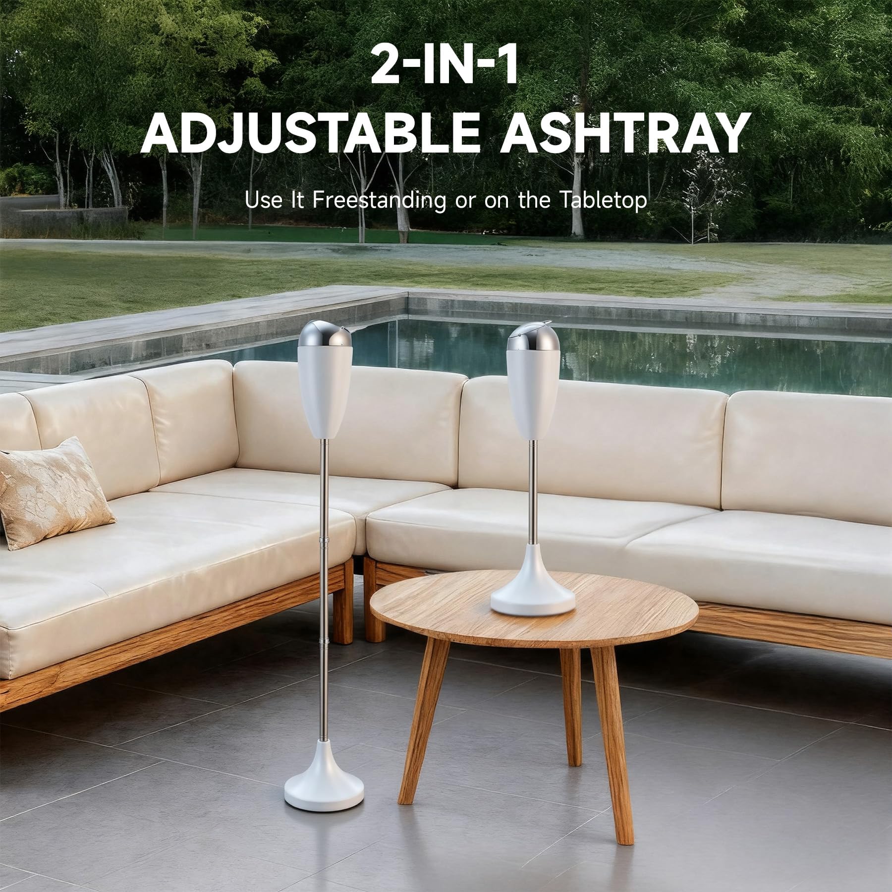 CO-Z Adjustable Floor Standing Ash Tray, Smokeless Outdoor Ashtray with Lid for Home Patio Cigarettes Ash Butt Disposal, Stainless Steel Windproof Stand Ashtray in 20", 27.5", 35" Heights, White