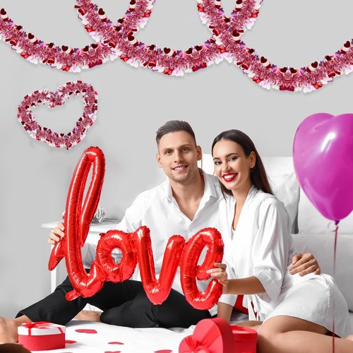 50FT Valentines Day Decor Red Pink White Heart Tinsel Garland Valentines Decorations Garland for Tree Party Classroom Fireplace Home, Galentines Day Decor Indoor Outdoor Romantic Party Decor