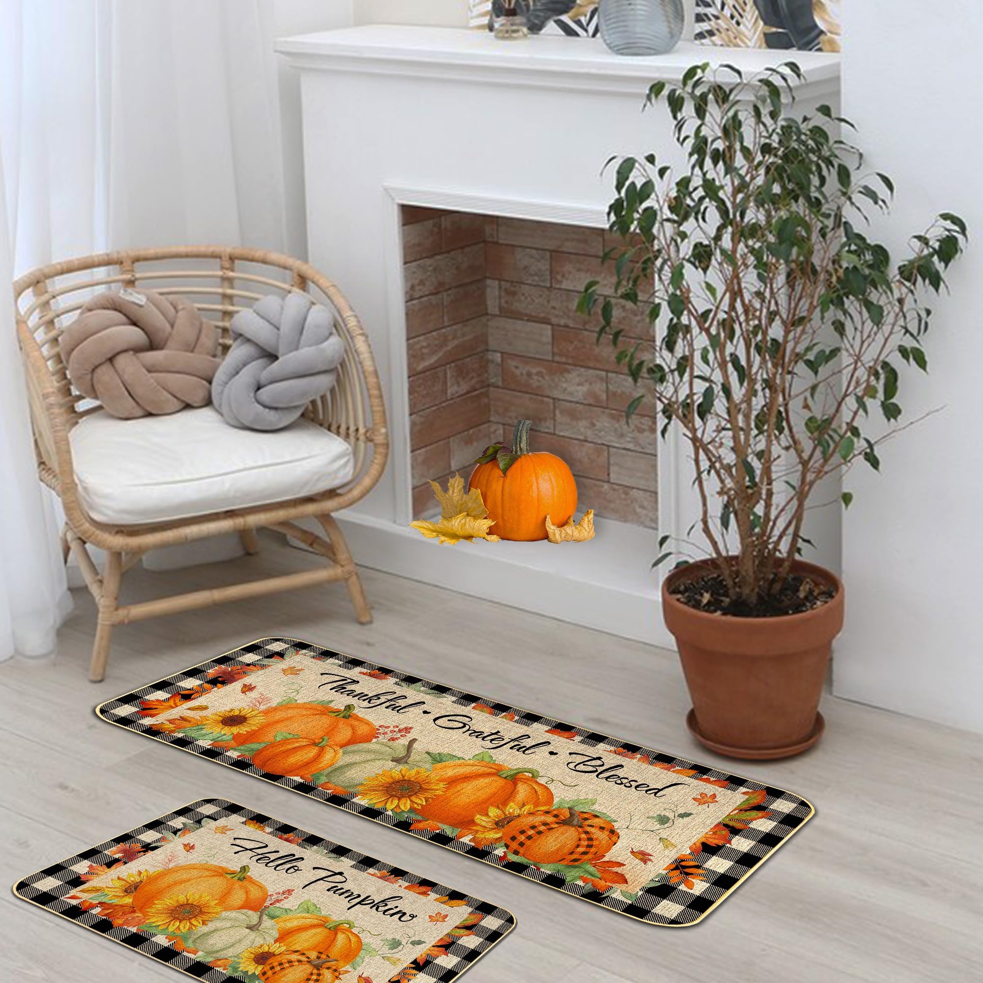 2 Pieces Hello Pumpkin Kitchen Mat Autumn Kitchen Rugs Thanksgiving Decorative Door Mats, Home Seasonal Fall Holiday Party Autumn Maple Leaves Harvest Thankful Grateful Blessed Low-Profile Floor Mat
