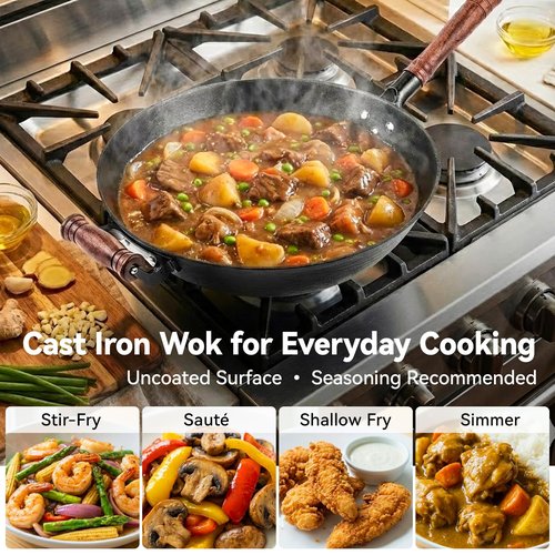 WANGYUANJI 14.2 Inch Cast Iron Wok with Wooden Lid & Handle, Flat Bottom Stir Fry Wok Pan, Turtle-Pattern Textured Uncoated Large Wok Skillet for Induction, Gas & Electric (Seasoning Required)
