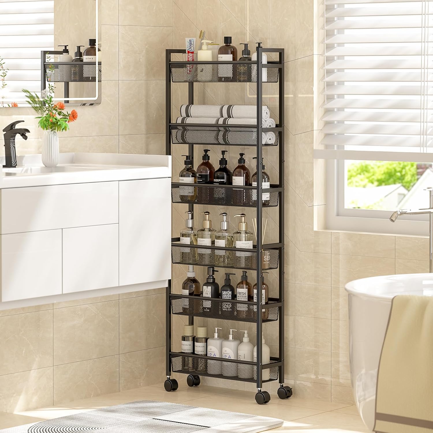 ThreeHio 6-Tier Slim Storage Cart - Mobile Metal Shelving Unit for Kitchen & Bathroom - Black, 6in Width