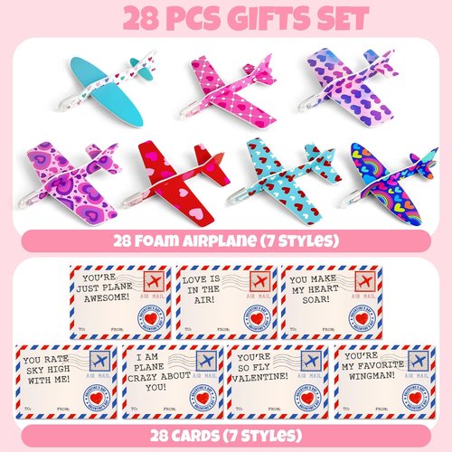 Gerigity Valentines Day Cards for Kids - 28 Pack Airplane Valentines Day Cards for Kids with Foam Airplanes, Valentines Gifts, Perfect School and Classroom Valentines Exchange Gifts