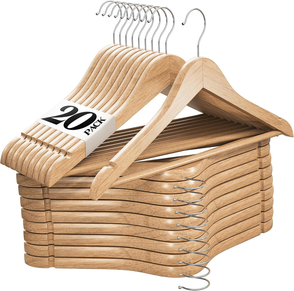 Premium Wooden Hangers - Durable Non-Slip Heavy-Duty Coat Hangers | 20 Pack Natural Solid Wood with Chrome Swivel Hooks