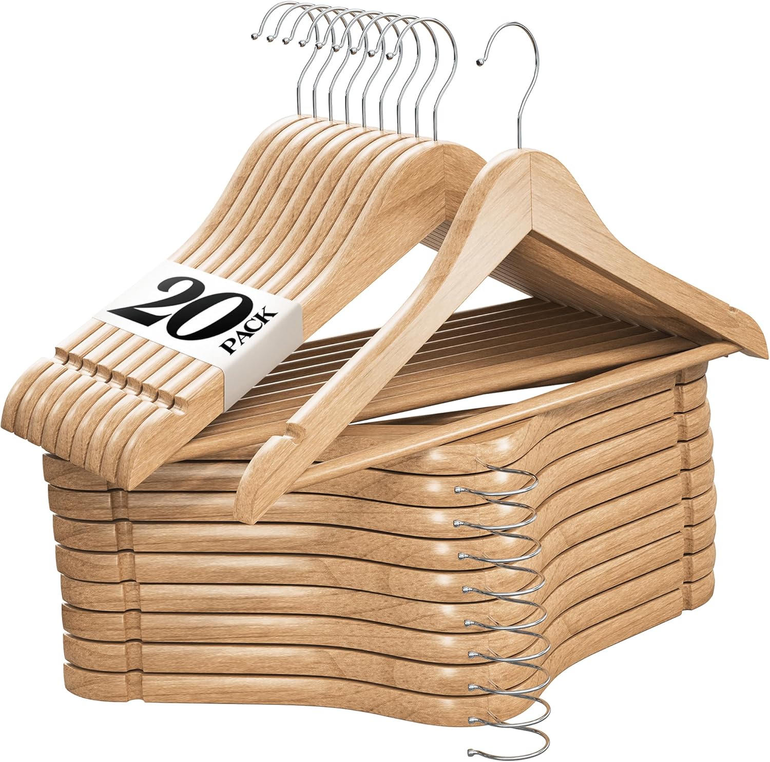 Premium Wooden Hangers - Durable Non-Slip Heavy-Duty Coat Hangers | 20 Pack Natural Solid Wood with Chrome Swivel Hooks