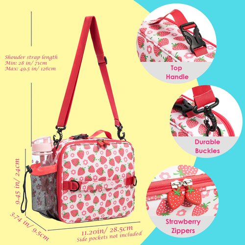 Khulula Girls Insulated Kids Lunch Boxes Bags for Hot or Cold Food Storage - Picnic Cooler Cookouts School Travel Reusable Lunch Tote Strawberry