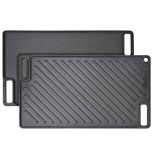 VEVOR Reversible Grill/Griddle, 9.7"x16.7" Pre-Seasoned Cast Iron Griddle, Rectangular Double Burner Griddle Pan, Non-Stick Family Pan Cookware with Handles, Flat Top Plate for BBQ, Gas Grill, Black
