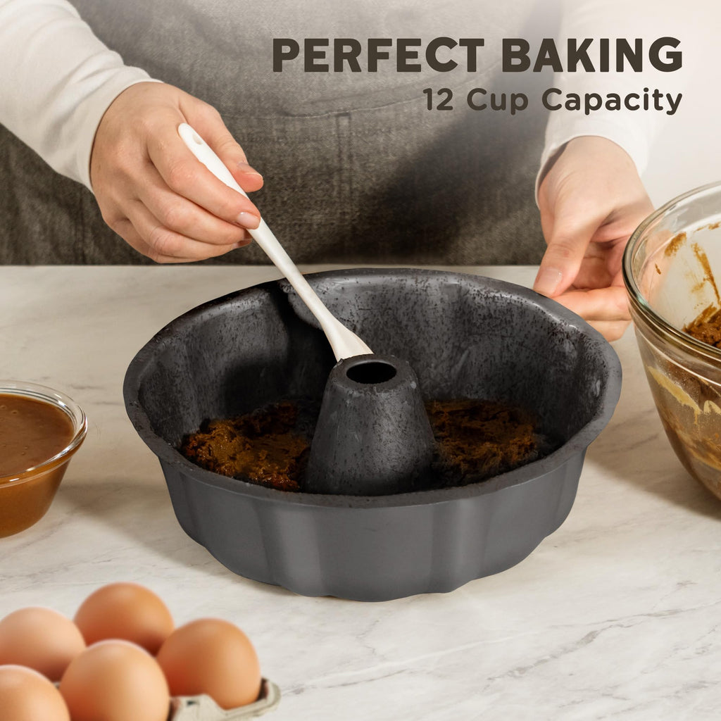 KITESSENSU 9 inch Non-Stick Cake Pans, 12 Cups Premium Fluted Pans for baking, Heavy Duty Carbon Steel Tube Baking Mold, Gray