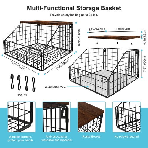 MSJGA Laundry Room Shelves Wall Mounted with Storage Basket - Farmhouse Stackable Wire Wall Shelves Organizer for Towels, Detergent, Tissues | Space-Saving Over Washer & Dryer(11.8" Wx12 Dx8.5 H)