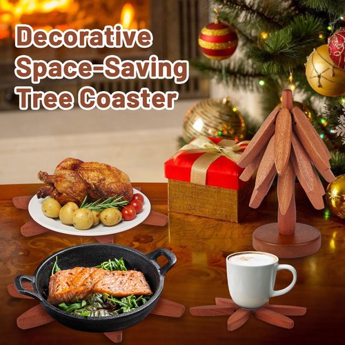 Natural Wood Tree Trivet Set, 4 Leaf Pattern Hot Pads with Decorative Storage Stand, Pot Holders as a Kitchen Gift, Wooden Trivets for hot Dishes,Pot, Pans, Bowl, Teapot, Coffee Pots