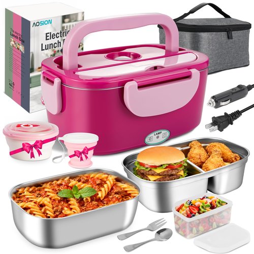 AOSION Electric Heated Lunch Box for Adults, 4 IN 1 Heating Lunch Box with 2 Pack 1.5L Container, 80W Lonchera Eléctrica Portátil, Food Warmer for Car/Truck/Office (PINK)