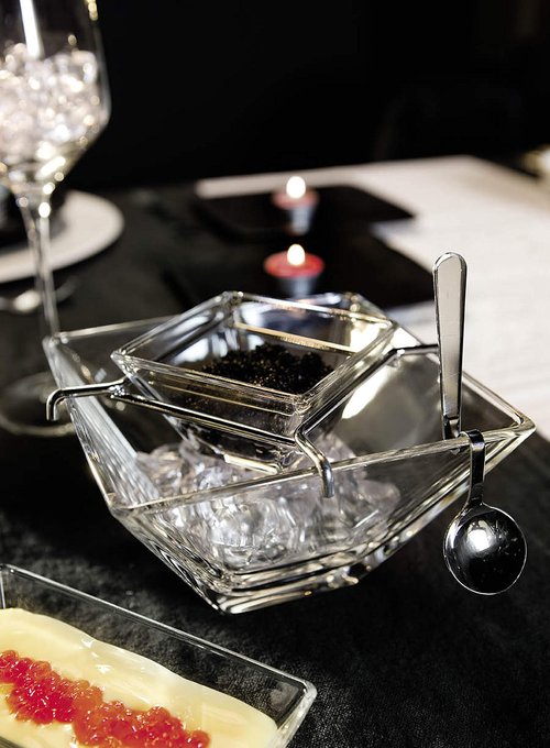 Barski - European Quality - Caviar Server With Spoon - Glass Divided Serving Dish Set - Bottom Bowl is 5.5" Diameter (Includes 4 pcs.) - Made in Europe