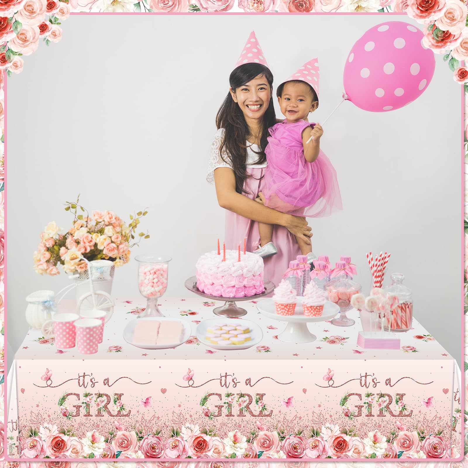1 Pack Floral Baby Shower Tablecloth Decorations, It's a Girl Baby Shower Decorations, Pink Flower Gender Reveal Decorations for Girl, Plastic Disposable Baby Girls Table Cloth Party Decorations