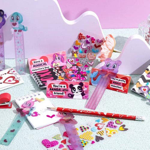 JOYIN 28 Packs Valentine's Day Stationery Set with Gift Card for Kids, Includes Pencils, Rulers, Notebook and Stickers for Classroom Exchange Party Favors Supplies