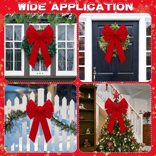 MEWTOGO 2 Pcs Large Christmas Red Wreath Bows - 23.6×15.7 in Velvet Red Bows with Golden Tie, Easy Hanging for Window Stairs Outdoor Porch Christmas Decoration Gifts Indoor Party Supplies