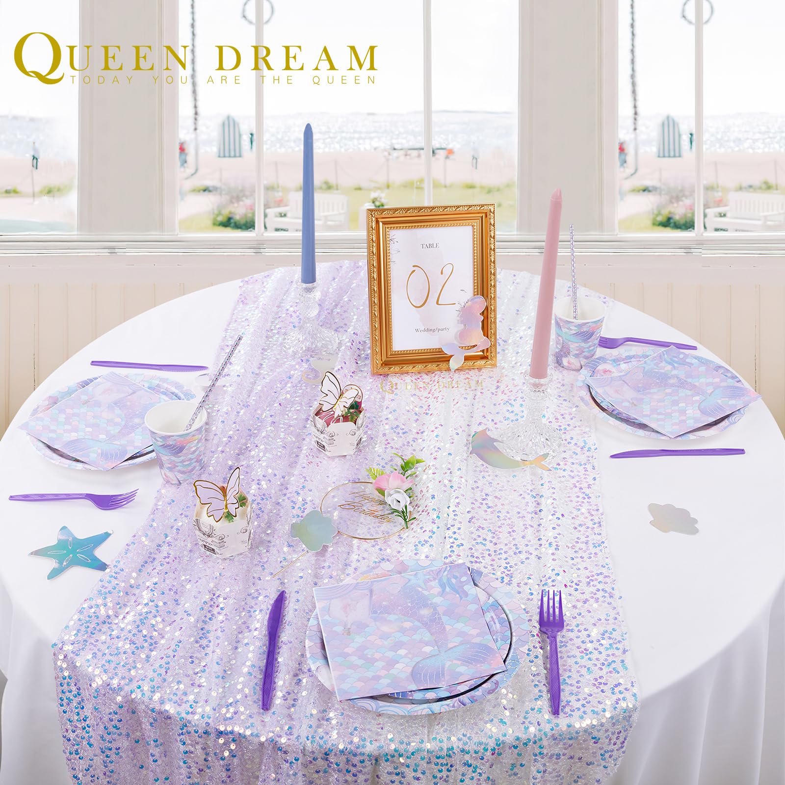 White Table Runner 3 Packs 25x120 Inches Iridescent Sequin Table Runner for Little Mermaid Birthday Ocean Themed Party Decorations
