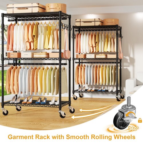 ULIFHOME P1 Rolling Clothes Rack, Portable Wardrobe Closet with Wheels, Heavy-Duty Closet Clothing Rack for Hanging Clothes, 35.5" W x 15.7" D x 80.5" H, Hold 500lbs, Black