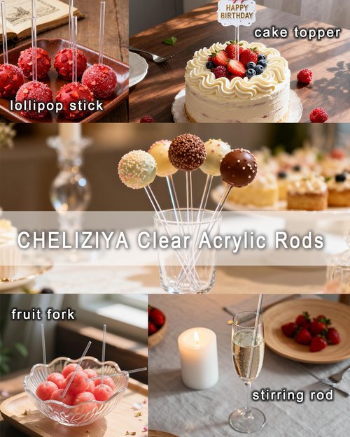 CHELIZIYA 100Pcs Acrylic Cake Pops Sticks, Clear Round Plastic Strip, Acrylic Cake Topper Sticks, Reusable Cocktail Stirrer for Party, DIY Crafts, Decorations (6-inches)
