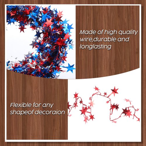 Shappy 6 Rolls Patriotic Garlands Star Wire Tinsel (24.6 Feet Per Roll) Red White and Blue 4th of July Party Decorations Independence Day Memorial Outdoor Indoor for Wreath Making