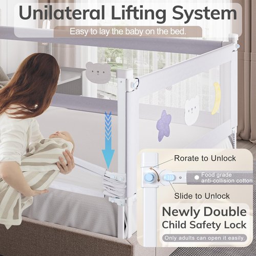 omzer Bed Rail for Toddlers - Baby Bed Guard Rail with Double Child Lock, Safety Bedrail for Children Kids with Pattern, Infants Height Adjustment Guardrail for King Size Bed - 3 Pack, 78.7x78.7x74.8”