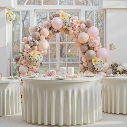 NSSONBEN 4 pk Ivory Round Spandex Tablecloth 60 inch with Ruffled Skirt,Wrinkle Free High-Stretch 120 inch Fitted 5ft Cream Table Cloths Round Spandex Table Covers for Party Wedding Banquet Dinning